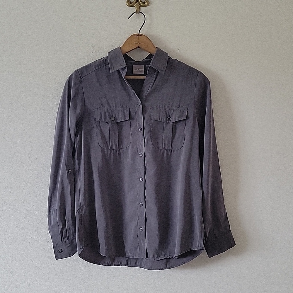 Chico's Taupe Brushed Modal Long Sleeve Button Down Shirt Size Small‎